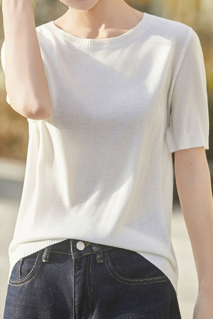 Casual Minimalist Solid Color Short Sleeve Knitted Top - liwisi