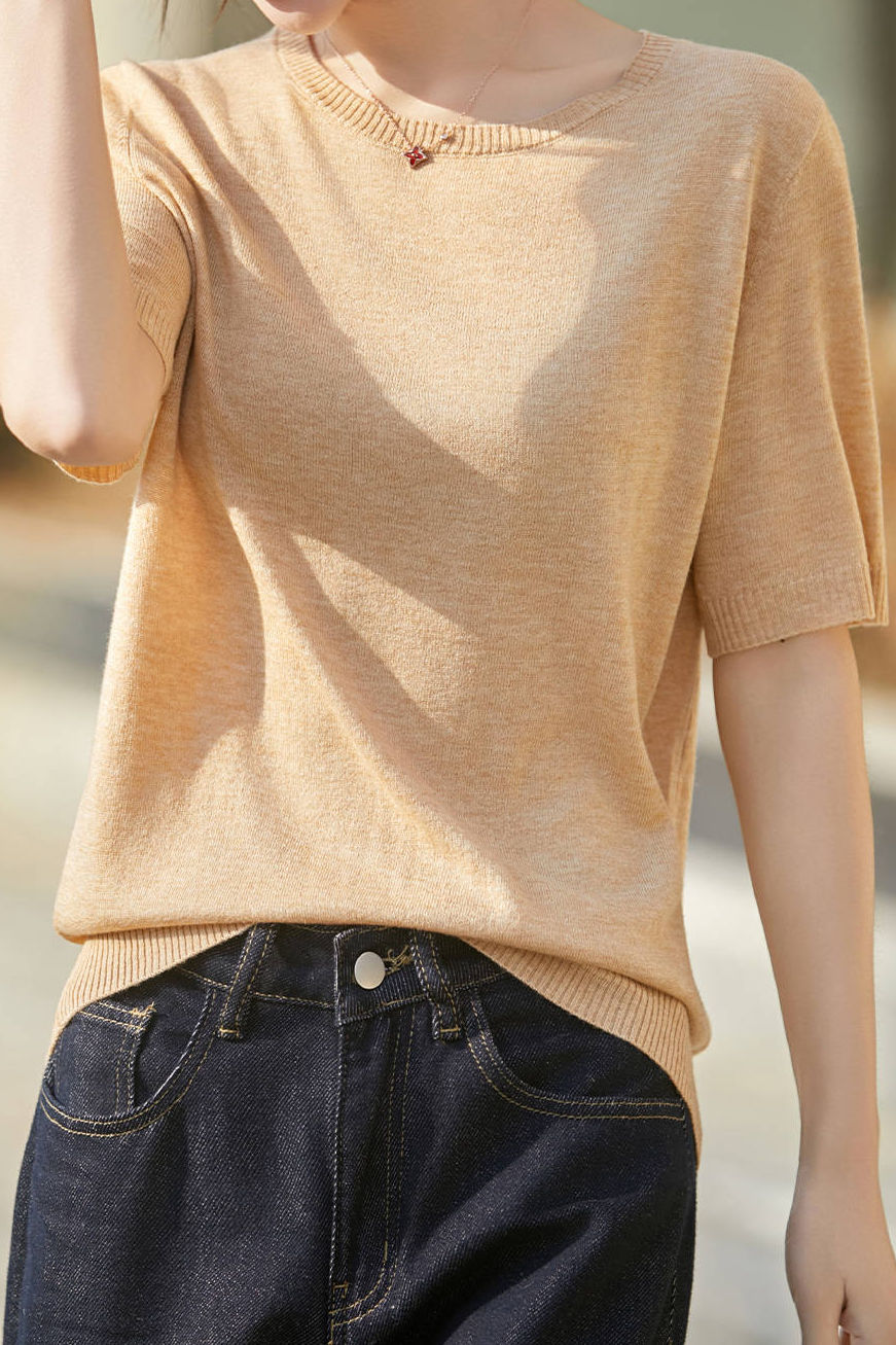 Casual Minimalist Solid Color Short Sleeve Knitted Top - liwisi