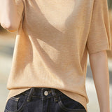 Casual Minimalist Solid Color Short Sleeve Knitted Top - liwisi