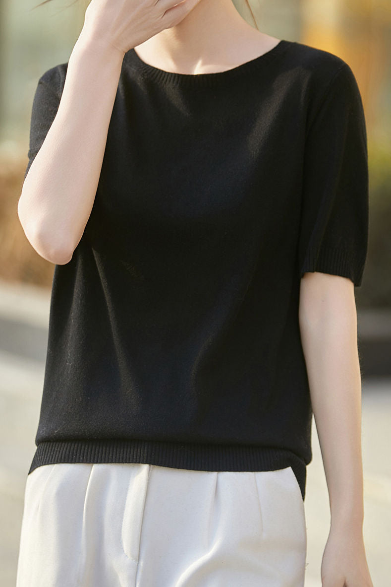 Casual Minimalist Solid Color Short Sleeve Knitted Top - liwisi