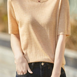 Casual Minimalist Solid Color Short Sleeve Knitted Top - liwisi