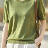 Casual Minimalist Solid Color Short Sleeve Knitted Top - liwisi