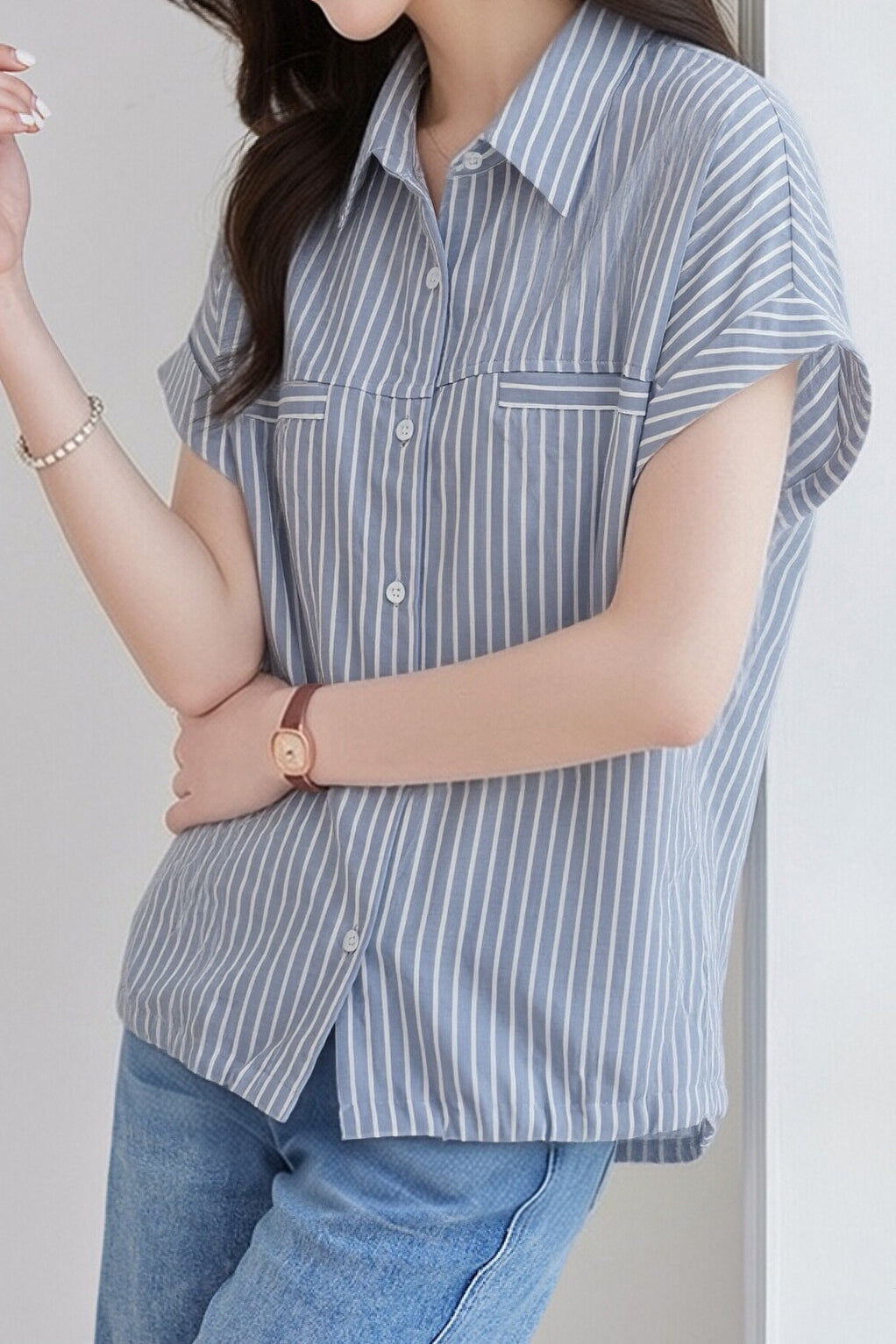 Casual Lapel Vertical Striped Shirt - liwisi