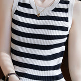 Casual Striped Crew Neck Knitted Vest - liwisi