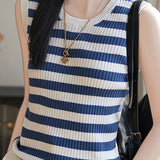 Casual Striped Crew Neck Knitted Vest - liwisi