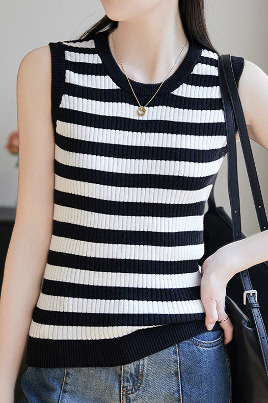Casual Striped Crew Neck Knitted Vest - liwisi