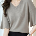 Casual Wave Ruffle V-Neck Knitted Top - liwisi