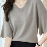 Casual Wave Ruffle V-Neck Knitted Top - liwisi