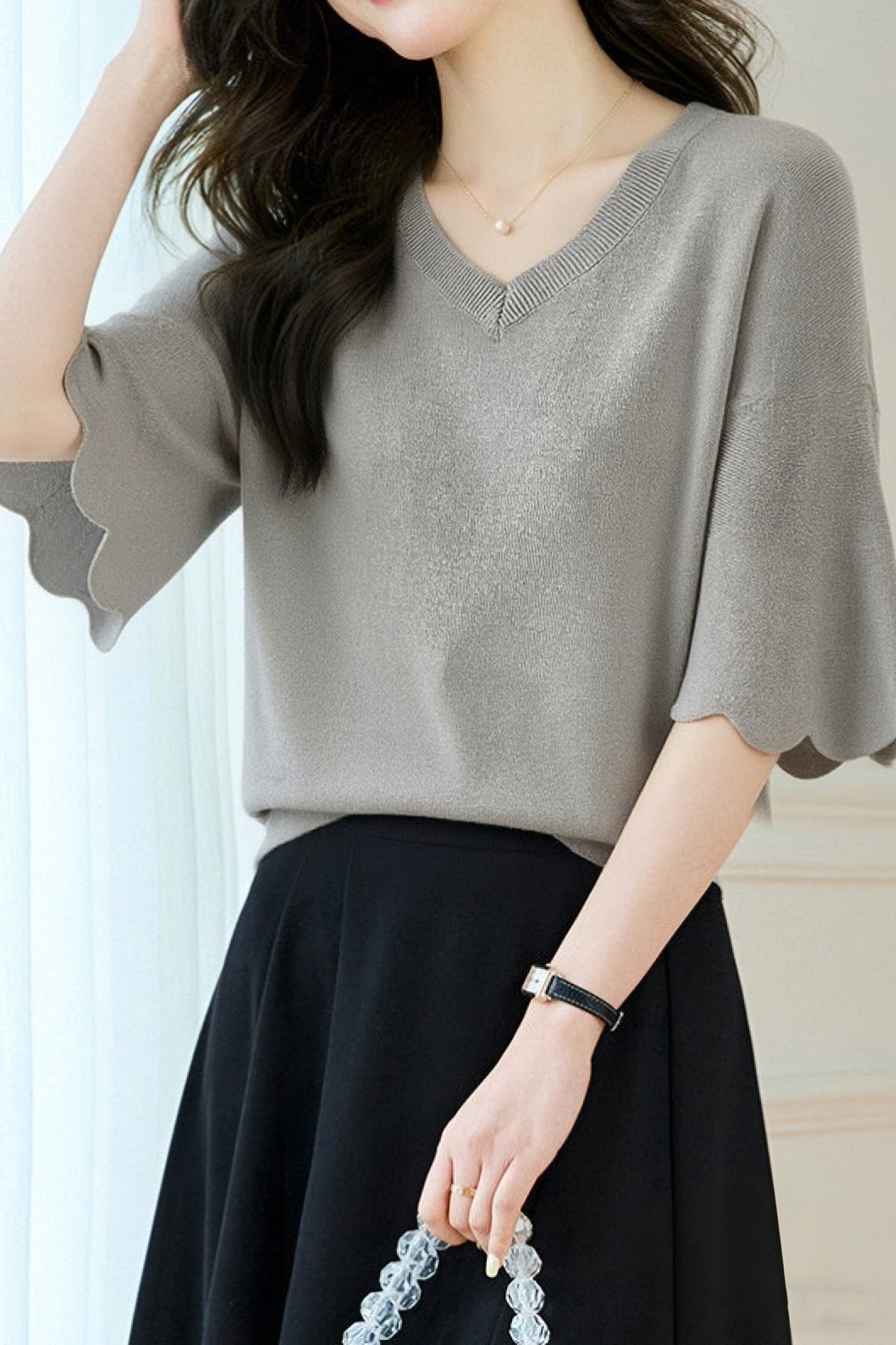 Casual Wave Ruffle V-Neck Knitted Top - liwisi