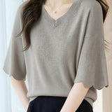 Casual Wave Ruffle V-Neck Knitted Top - liwisi