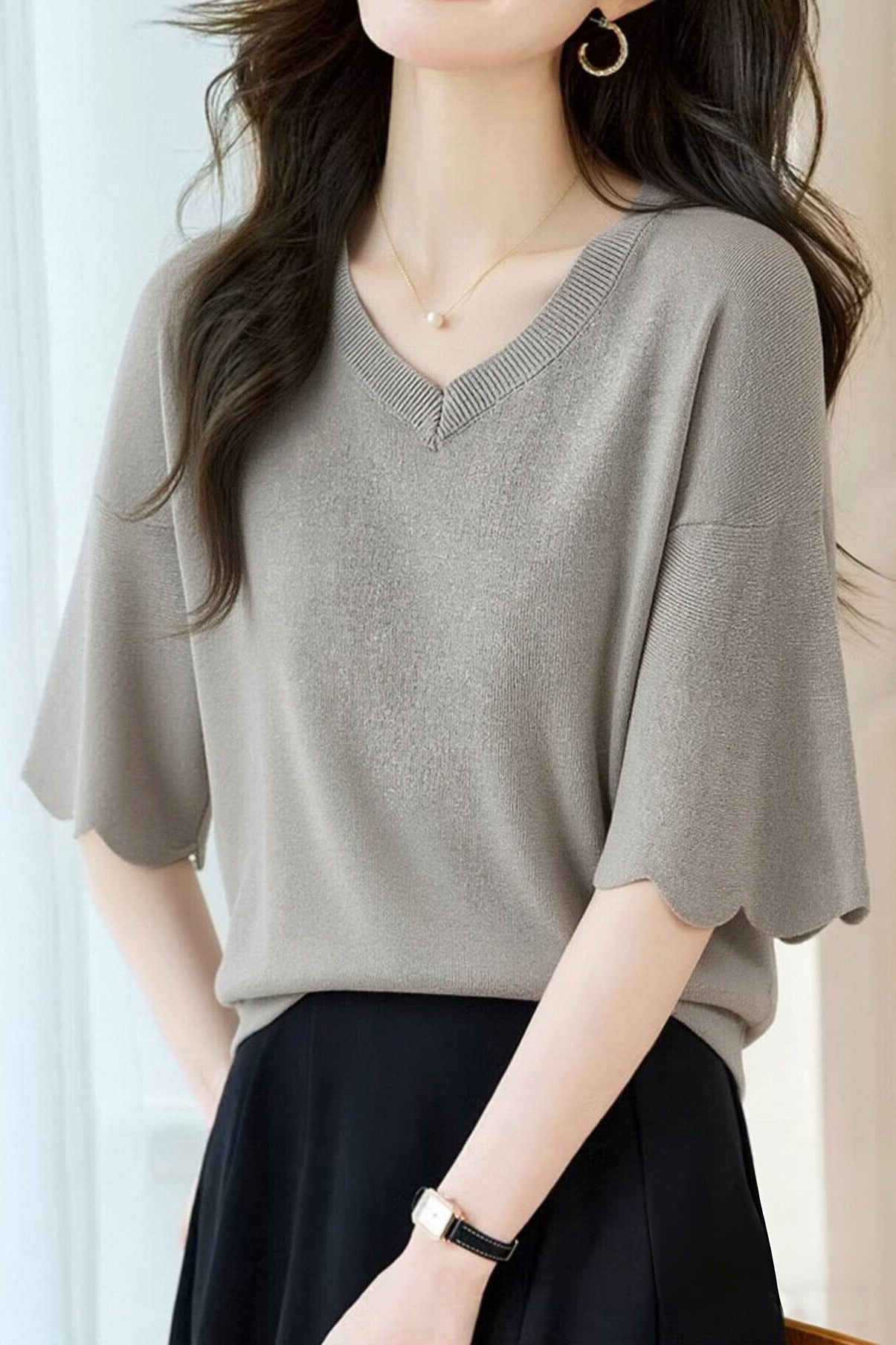 Casual Wave Ruffle V-Neck Knitted Top - liwisi