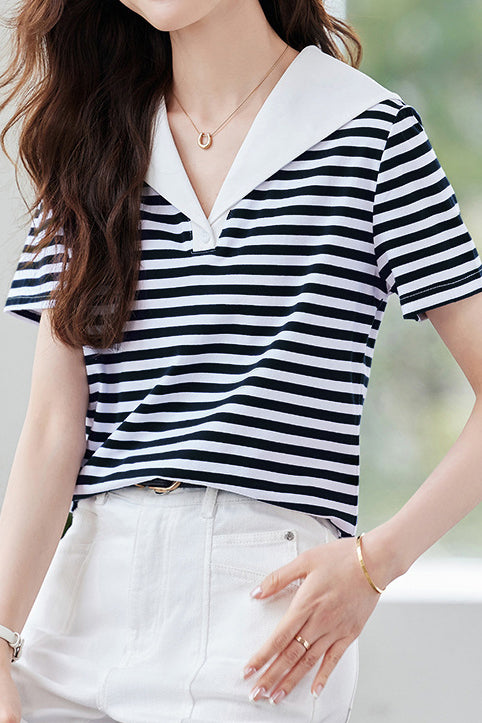 Casual Nautical Striped V-Neck T-Shirt - liwisi