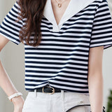 Casual Nautical Striped V-Neck T-Shirt - liwisi