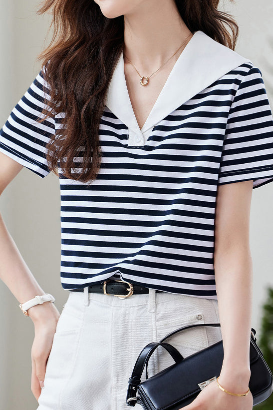 Casual Nautical Striped V-Neck T-Shirt - liwisi