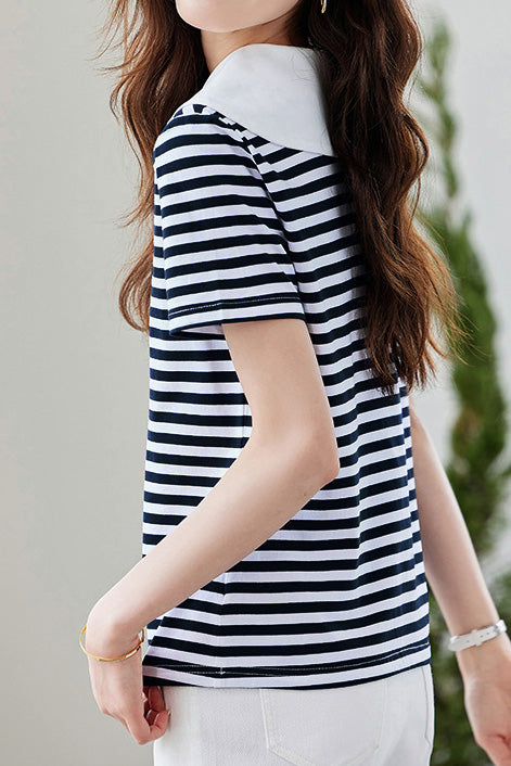 Casual Nautical Striped V-Neck T-Shirt - liwisi