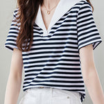 Casual Nautical Striped V-Neck T-Shirt - liwisi