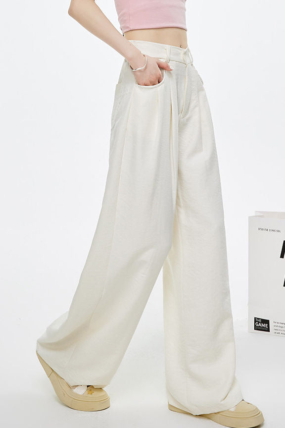 Casual Elastic Back Waist Pleated Wide-Leg Pants - liwisi