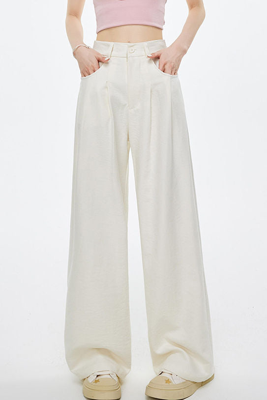 Casual Elastic Back Waist Pleated Wide-Leg Pants - liwisi