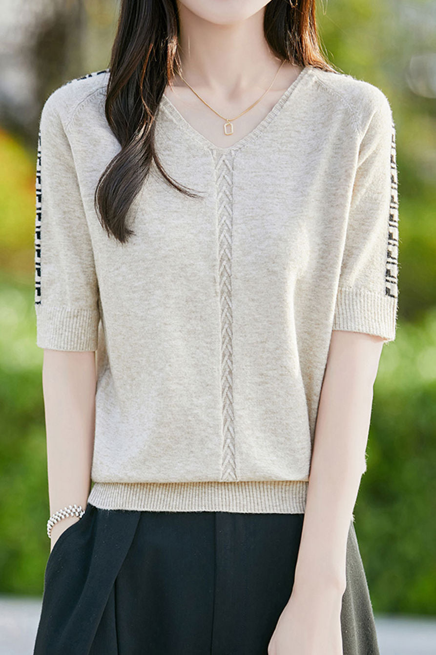 Casual V-Neck Jacquard Knitted T-Shirt - liwisi