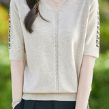 Casual V-Neck Jacquard Knitted T-Shirt - liwisi