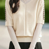 Casual V-Neck Jacquard Knitted T-Shirt - liwisi