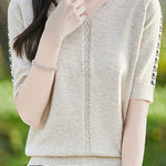 Casual V-Neck Jacquard Knitted T-Shirt - liwisi