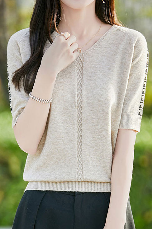Casual V-Neck Jacquard Knitted T-Shirt - liwisi