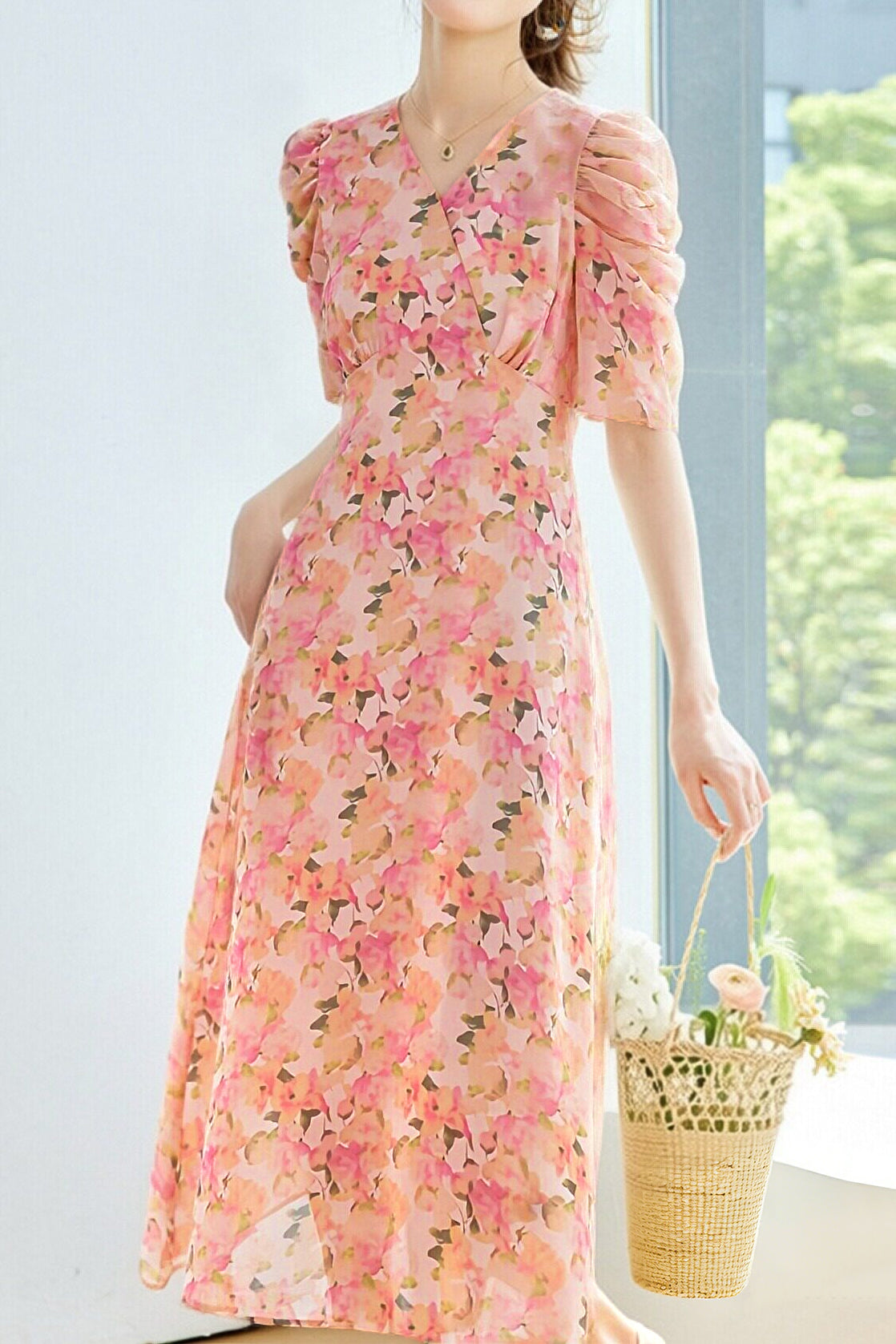 Elegant Floral Puff Sleeve Dress - liwisi