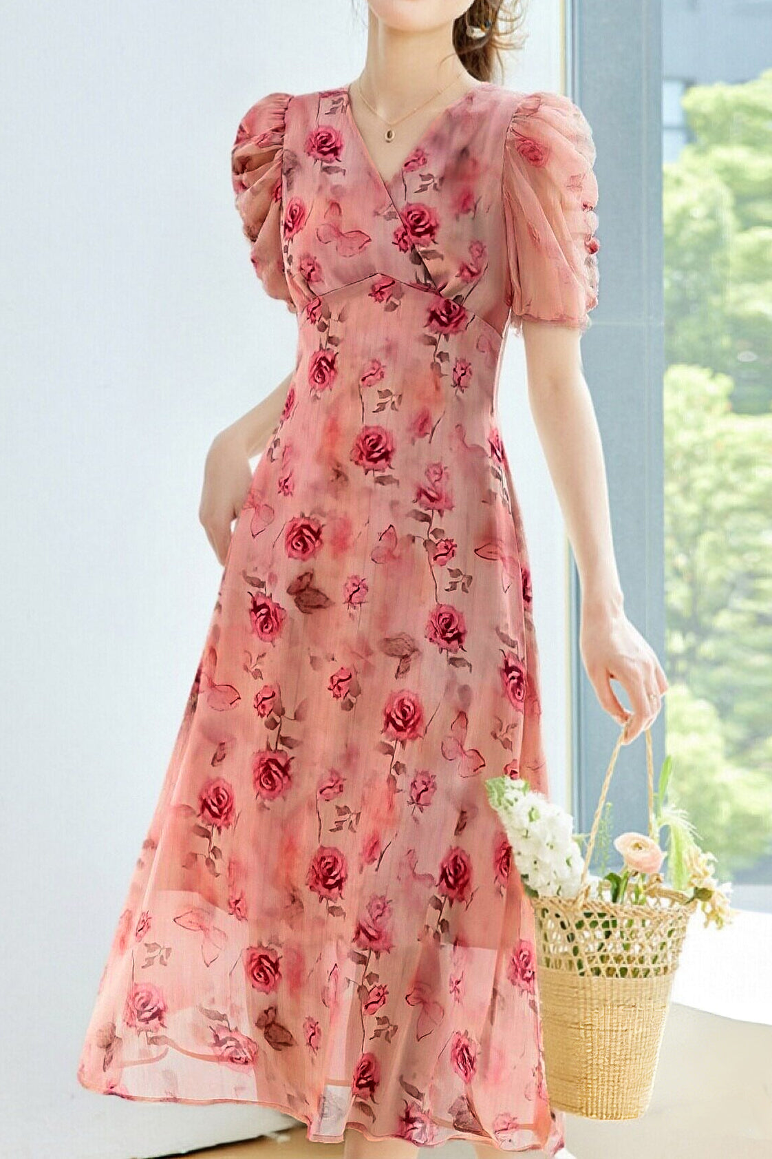 Elegant Floral Puff Sleeve Dress - liwisi