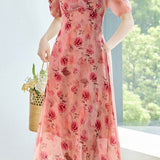 Elegant Floral Puff Sleeve Dress - liwisi