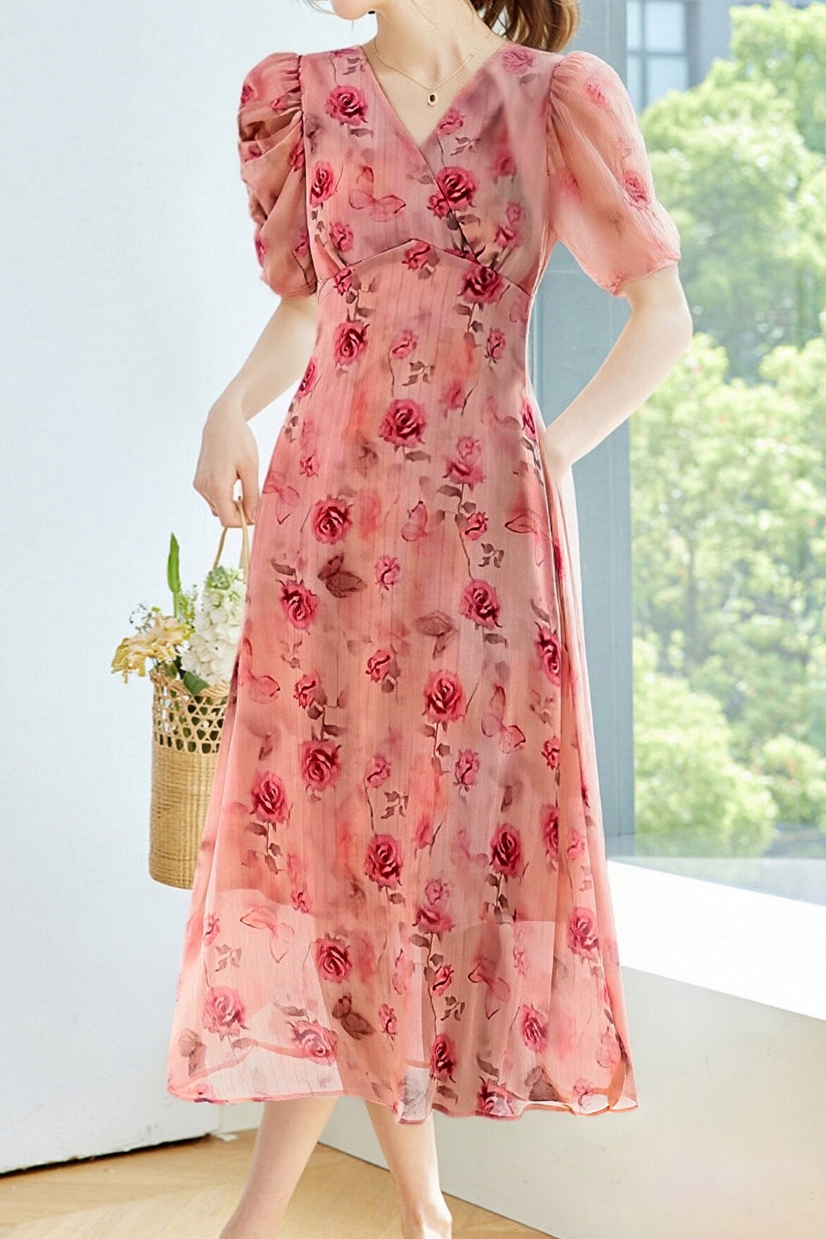 Elegant Floral Puff Sleeve Dress - liwisi