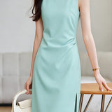 Elegant Commute Sleeveless One-Shoulder Dress - liwisi