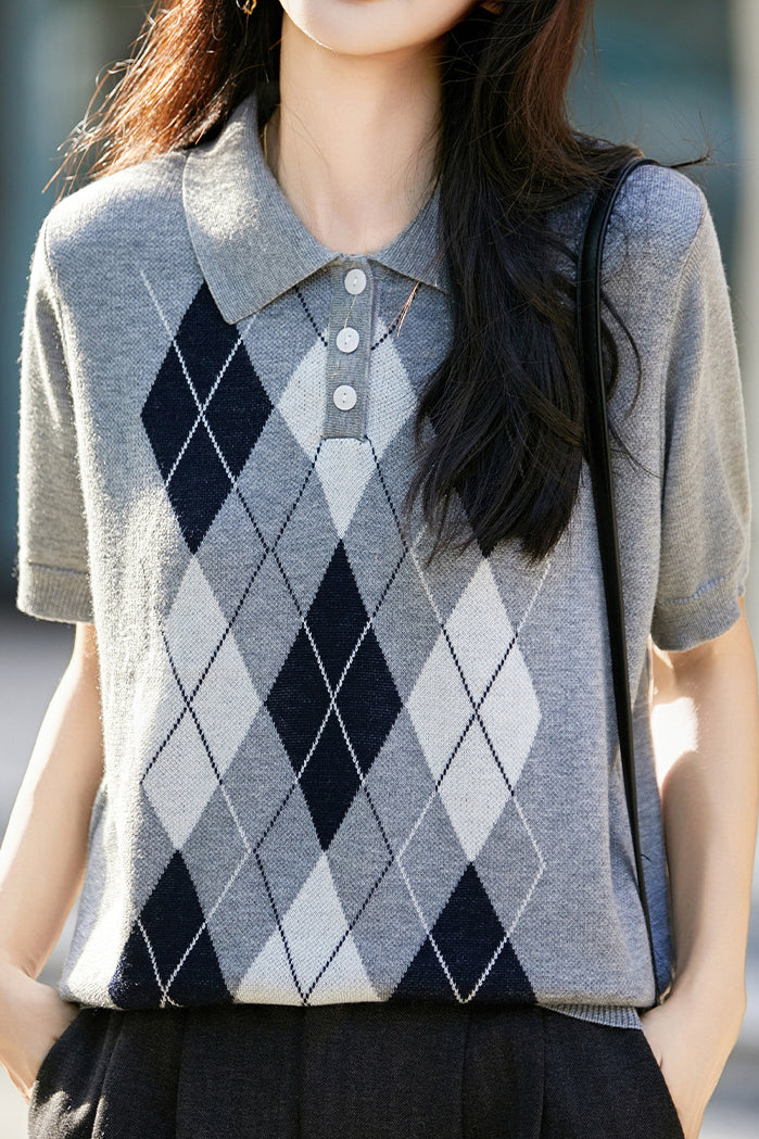 Casual Lapel Argyle Short Sleeve Knitted Top - liwisi