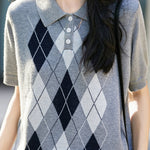 Casual Lapel Argyle Short Sleeve Knitted Top - liwisi