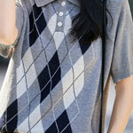 Casual Lapel Argyle Short Sleeve Knitted Top - liwisi