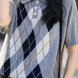 Casual Lapel Argyle Short Sleeve Knitted Top - liwisi