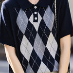 Casual Lapel Argyle Short Sleeve Knitted Top - liwisi