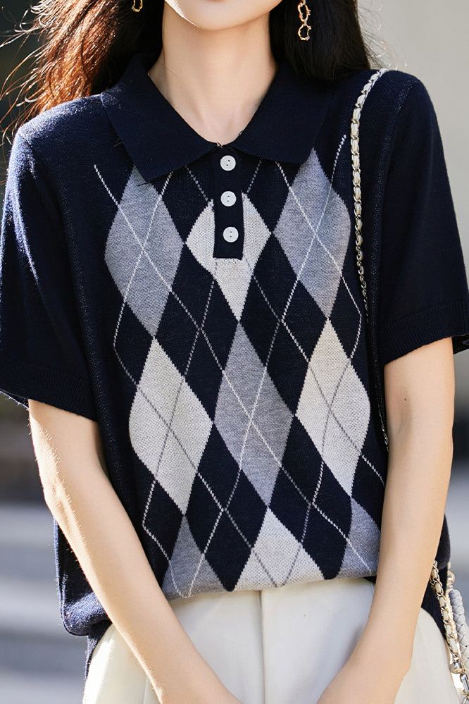 Casual Lapel Argyle Short Sleeve Knitted Top - liwisi