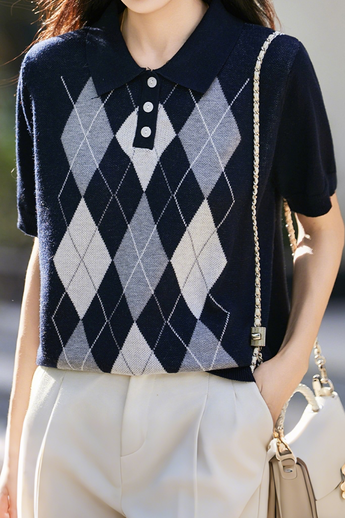 Casual Lapel Argyle Short Sleeve Knitted Top - liwisi