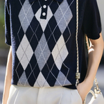 Casual Lapel Argyle Short Sleeve Knitted Top - liwisi