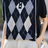 Casual Lapel Argyle Short Sleeve Knitted Top - liwisi