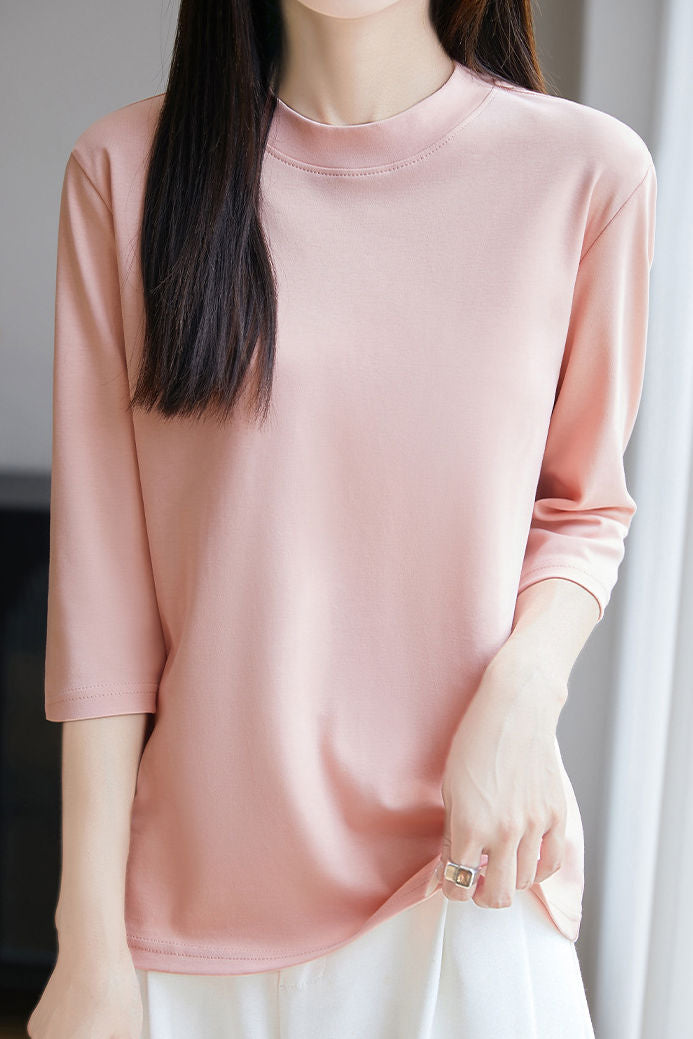 Casual Solid Color Three-Quarter Sleeve 100% Cotton T-Shirt - liwisi