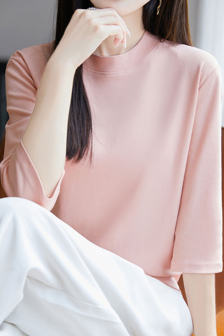 Casual Solid Color Three-Quarter Sleeve 100% Cotton T-Shirt - liwisi