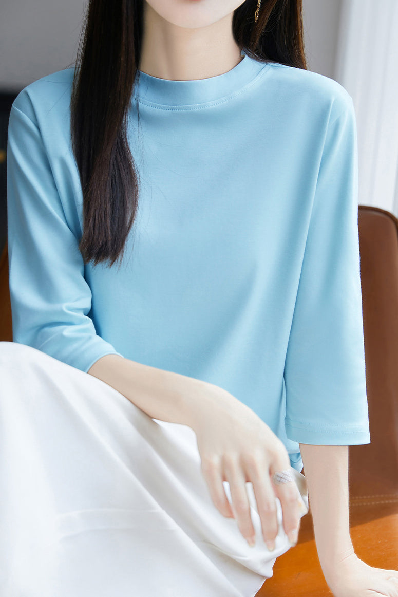 Casual Solid Color Three-Quarter Sleeve 100% Cotton T-Shirt - liwisi