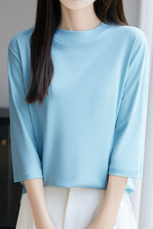 Casual Solid Color Three-Quarter Sleeve 100% Cotton T-Shirt - liwisi