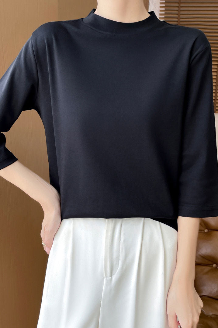 Casual Solid Color Three-Quarter Sleeve 100% Cotton T-Shirt - liwisi