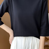 Casual Solid Color Three-Quarter Sleeve 100% Cotton T-Shirt - liwisi