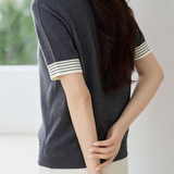 Casual Striped Lapel Short Sleeve Knitted Top - liwisi