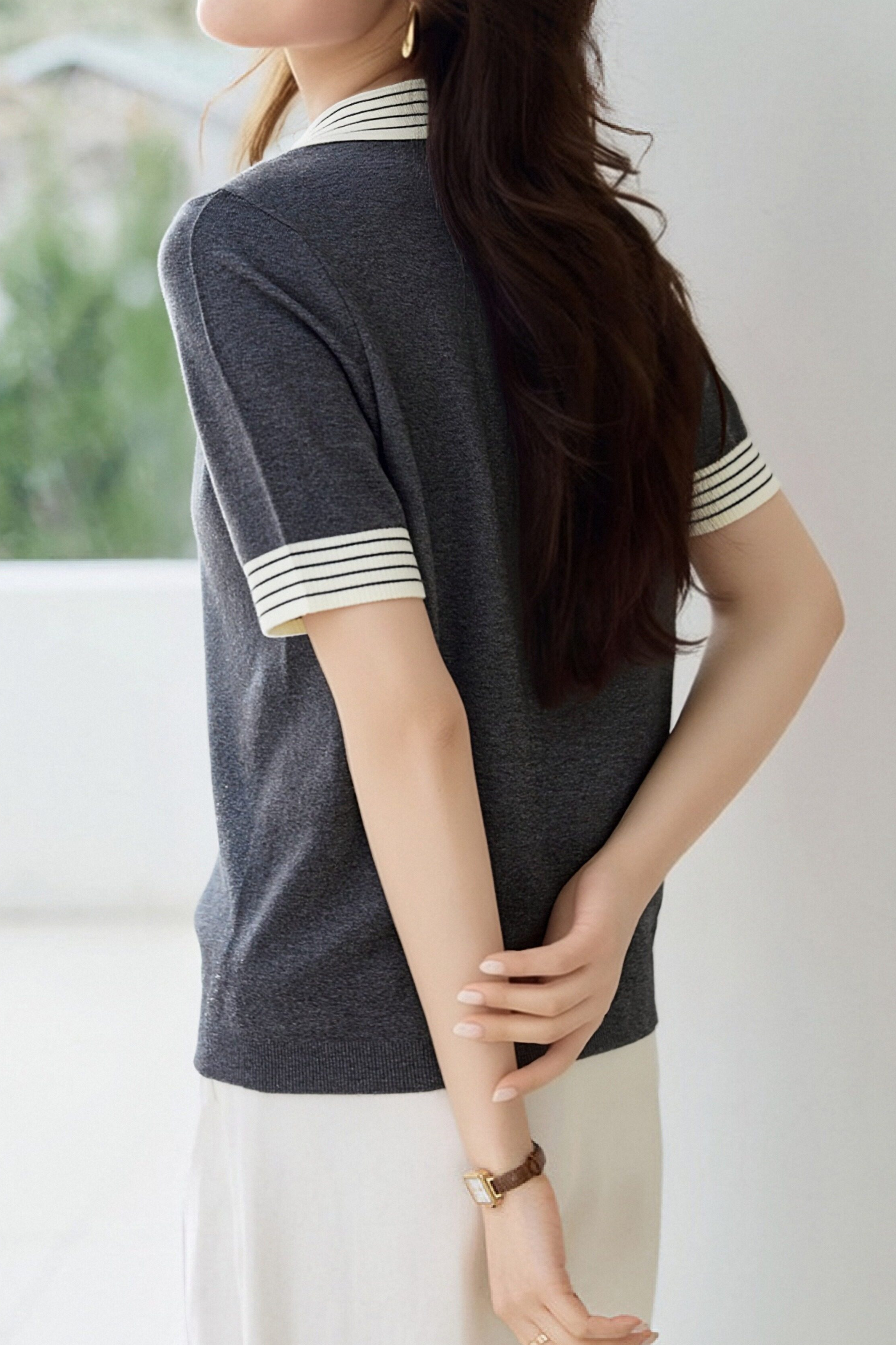 Casual Striped Lapel Short Sleeve Knitted Top - liwisi