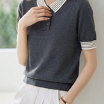 Casual Striped Lapel Short Sleeve Knitted Top - liwisi